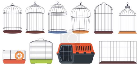 Illustration for A collection of cages for animals. Maintenance and transportation of pets. Metal wire cages. - Royalty Free Image