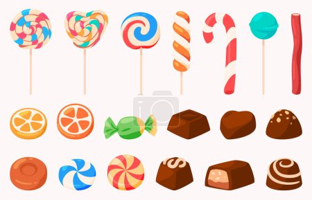 Téléchargez les illustrations : Un ensemble de bonbons et de bonbons. Chocolat et sucettes. Magasin doux. - en licence libre de droit