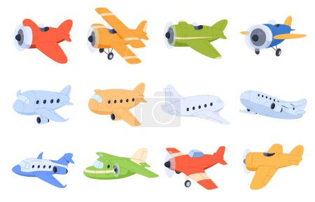 Ilustración de Conjunto de aviones en estilo de dibujos animados. Lindo transporte aéreo colorido. Hermosa ilustración de bebé. - Imagen libre de derechos