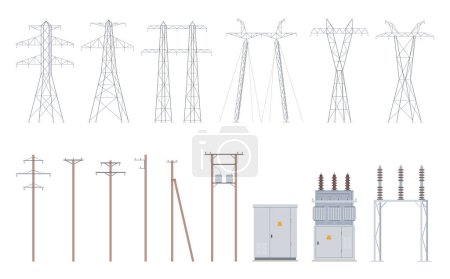 Illustration for Power lines. High voltage cables, hanging wires, supports. Power transmission lines that deliver energy. - Royalty Free Image