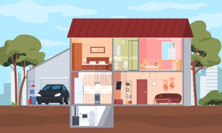 Illustration for Residential building in the section. Home furnishing. Interior of a house with furniture. Different rooms, kitchen, bathroom, bedroom. - Royalty Free Image