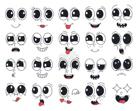 Illustration for Cartoon retro emotions of different facial expressions. Cheerful emotion mascot symbol. 60s animation design elements. - Royalty Free Image