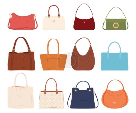 Téléchargez les illustrations : Ensemble de différents sac à main femme élégant. Accessoires en cuir à la mode. - en licence libre de droit