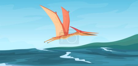 Illustration for Prehistoric flying foot-and-mouth disease on the background of the sea. Cartoon colored dinosaurs. Prehistoric cold-blooded foot-and-mouth disease. Extinct large animals. - Royalty Free Image