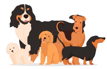 Illustration for Different dogs in cartoon style. Large and small pets of various breeds. Four-legged friends, defenders of the house. - Royalty Free Image