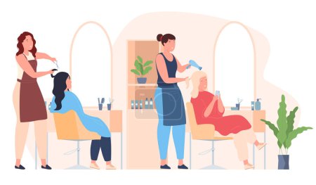 Illustration for Hair salon with employees and customers. Women cut their hair and do their hair. Professional hair care. - Royalty Free Image
