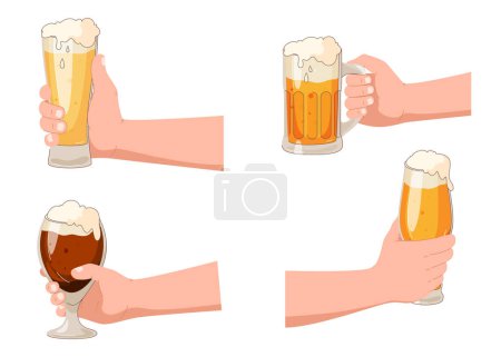 Téléchargez les illustrations : Verres à bière dans les mains. Boissons alcoolisées légères. Amis dans un pub ou un bar à bière. Fête avec alcool. - en licence libre de droit