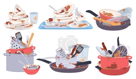 Illustration for A pile of unwashed dishes with food stains. Dishes after dinner. Advertisement of detergent. - Royalty Free Image