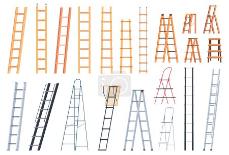 A set of wooden and metal ladders. Climbing to a height. Construction and household ladders.