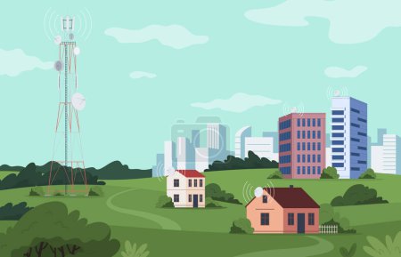 Illustration for Tower with radio and satellite communication. Landscape with buildings and cities data transfer, mobile and internet connection. - Royalty Free Image