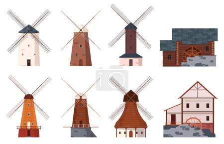 Illustration for Traditional European windmills and river mills. Grinding grain into flour, production of ecological products. Stone and wooden farm buildings. - Royalty Free Image