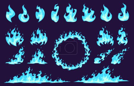 Téléchargez les illustrations : Caricature flamme de feu bleu. Particules chaudes de flamme. Bonfire, feu dangereux, rabais chauds. - en licence libre de droit
