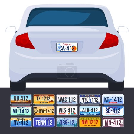 Illustration for Vehicle registration numbers in the USA. The back of the car. Abstract beautiful license plates for different states of America. - Royalty Free Image