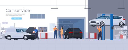 Illustration for Car service. Evacuation, repair and maintenance of vehicles. Workers inspect and repair the car. - Royalty Free Image