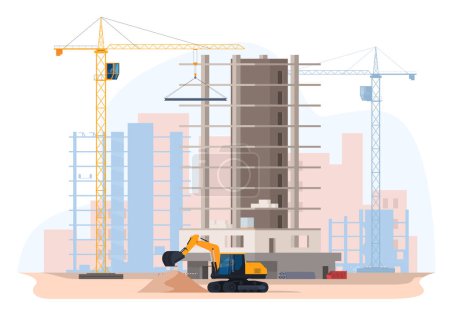 Illustration for Construction site with overhead cranes. Construction of high-rise buildings in the city. - Royalty Free Image