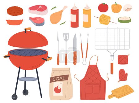 Téléchargez les illustrations : Un ensemble d'éléments pour barbecue et grill. Cuire la viande, le poisson et les légumes sur un feu ouvert. Festival de la viande frite. - en licence libre de droit