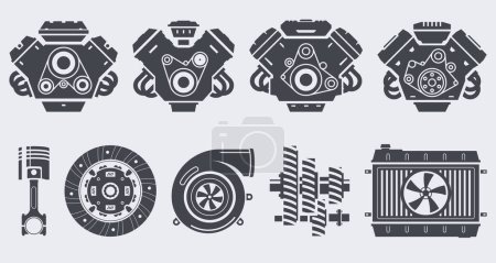 Illustration for Set of silhouettes of car engines and other details. Car parts icons. Repair and maintenance of equipment. - Royalty Free Image