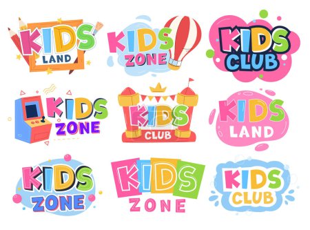 Ilustración de Un conjunto de logotipos para salas de entretenimiento para niños. Inscripciones de colores brillantes en estilo infantil. - Imagen libre de derechos