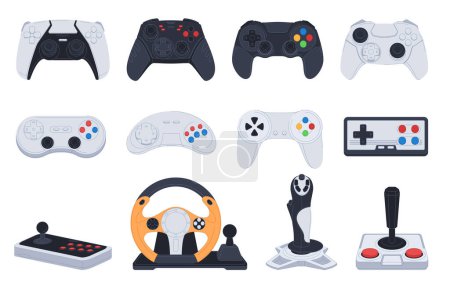 Ilustración de Un conjunto de joysticks de juegos modernos y retro. Consolas de juegos. Juegos de ordenador y entretenimiento moderno. - Imagen libre de derechos