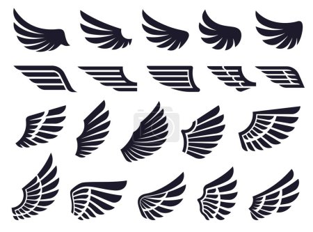 Téléchargez les illustrations : Wings icons set. Icon of various decorative wings. - en licence libre de droit