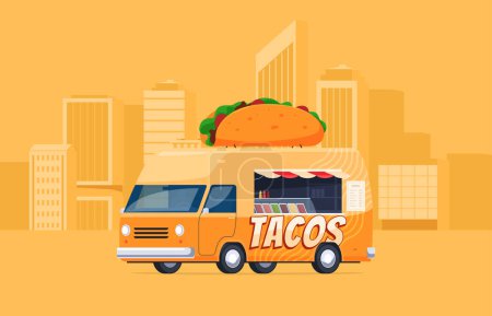 Ilustración de Camiones de tacos de comida callejera. Comida rápida y sabrosa en ferias de verano, festivales, conciertos. - Imagen libre de derechos