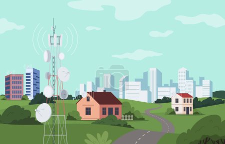 Tour avec radio et communication par satellite. Paysage avec bâtiments et villes transfert de données, connexion mobile et internet.