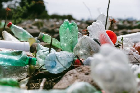 Foto de Primer plano de botellas de plástico usadas en la playa de piedra. Contaminación plástica. Concepto de problema ambiental o ecológico. Residuos, basura, basura en la costa - Imagen libre de derechos