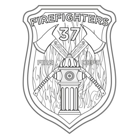 Photo for Firefighter Badge coloring page. Firefighter axes and hydrant on shield insignia. Colorful illustration on a white background. - Royalty Free Image