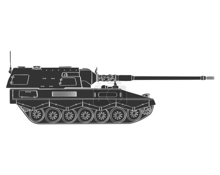 Photo for Military armored vehicle black doodle. Self-propelled howitzer. German 155 mm Panzerhaubitze 2000. Illustration isolated on white background. - Royalty Free Image