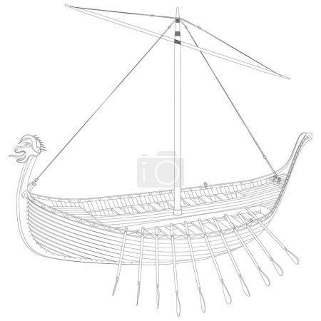 Drakkar. Viking rowing Ship in line art. Norman ship sailing. Illustration isolated on white background.