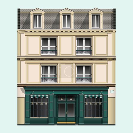 Illustration for European oldfashioned brick building in realistic style. Facade front view of oldfashioned house. Traditional architecture. Colorful vector illustration isolated on white background. - Royalty Free Image