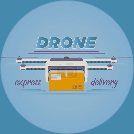 Illustration for Logo of delivery copter in realistic style. Quadcopter flying with package box in the sky. Modern autonomous drone for drone order delivery. Colorful vector illustration isolated on white background. - Royalty Free Image