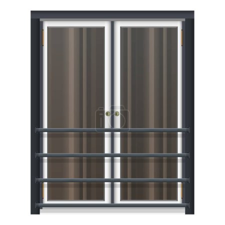Téléchargez les illustrations : French Window with metal railings in realistic style. White doors with large windows. Building facade. Colorful vector illustration isolated on white background. - en licence libre de droit