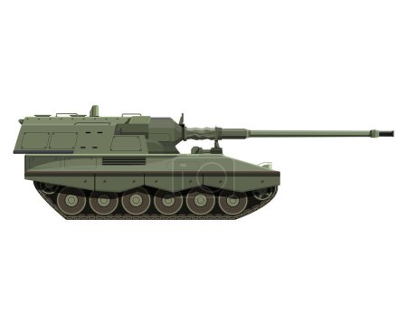 Illustration for Self-propelled howitzer in flat style. German 155 mm Panzerhaubitze 2000. Military armored vehicle. Detailed colorful vector illustration isolated on white background. - Royalty Free Image