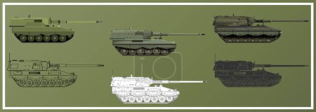 Illustration for Artillery system SET. Self-propelled howitzer. German 155 mm Panzerhaubitze 2000. Military armored vehicle. Detailed colorful vector illustration isolated on white background. - Royalty Free Image