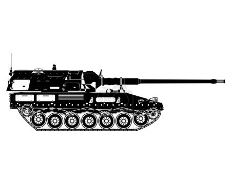 Illustration for Self-propelled howitzer outline. German 155 mm Panzerhaubitze 2000. Military armored vehicle. Vector illustration isolated on white background. - Royalty Free Image