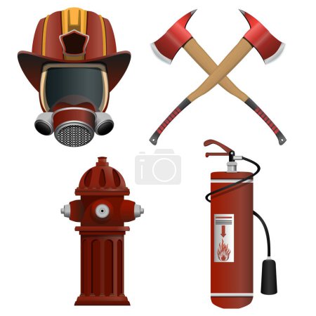 Téléchargez les illustrations : Équipement de pompiers de sauvetage SET dans un style réaliste. Illustration vectorielle colorée détaillée sur fond blanc. - en licence libre de droit