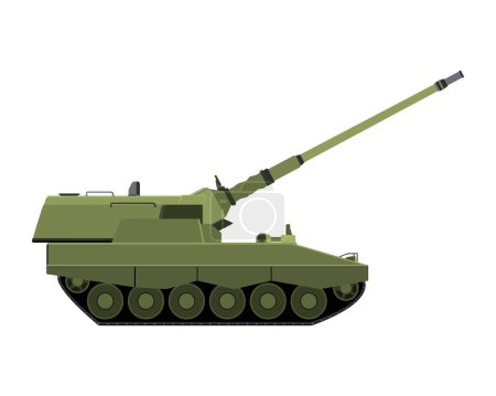 Illustration for Self-propelled howitzer in flat style. Raised barrel. Military armored vehicle. Colorful vector illustration isolated on white background. - Royalty Free Image