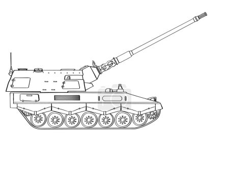 Illustration for Military armored vehicle doodle. Self-propelled howitzer. Raised barrel. Vector illustration isolated on white background. - Royalty Free Image
