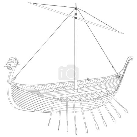 Drakkar. Viking rowing Ship in line art. Norman ship sailing. Vector illustration isolated on white background.