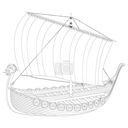 Viking scandinavian draccar in line art. Norman ship sailing. Vector illustration isolated on white background.