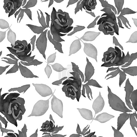 Téléchargez les photos : Motif artistique sans couture avec des roses grises et noires abstraites, des branches, des feuilles isolées sur fond blanc. Pour intérieur, papier peint, emballage, design d'emballage ou impression. - en image libre de droit