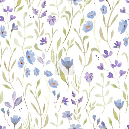 Acuarela suave patrón sin costura con abstracto azul, flores púrpura, hojas verdes, ramas. Ilustración floral dibujada a mano aislada sobre fondo blanco. Para embalaje, diseño de envoltorio o impresión.
