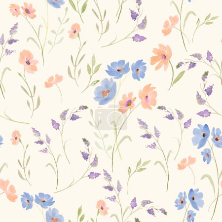 Watercolor seamless pattern with abstract flowers, leaves, branches. Hand drawn floral illustration isolated on white background. For packaging, wrapping design or print.