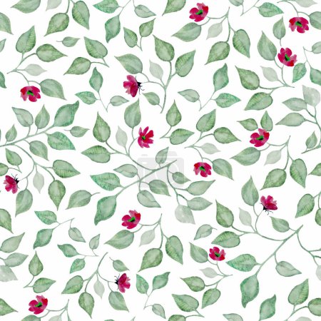 Photo for Watercolor seamless pattern with abstract red flowers, green leaves, branches. Hand drawn floral illustration isolated on white background. For packaging, wrapping design or print. - Royalty Free Image