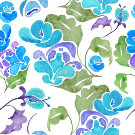 Photo for Paisley watercolor floral seamless pattern. Hand drawn whimsical ornament with abstract flowers: orchid, lotus, leaves. Painted ethnick folk motif for fabric, textile, wrapping design or print. - Royalty Free Image