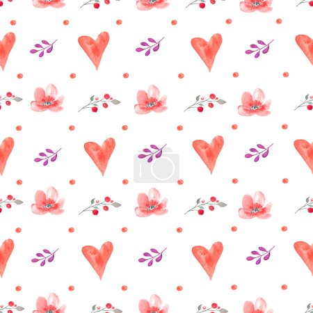  Watercolor seamless pattern with abstract red hearts, flowers, branches, berries. Hand drawn illustration isolated For packaging, wrapping design or print. Suitable for design on Valentine's day