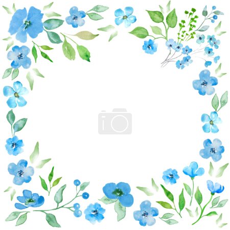 Foto de Watercolor floral frame. Blue flowers and green leaves decoration for invitation, wedding, birthday, mothers day, or greeting cards.Hand drawn illustration. - Imagen libre de derechos