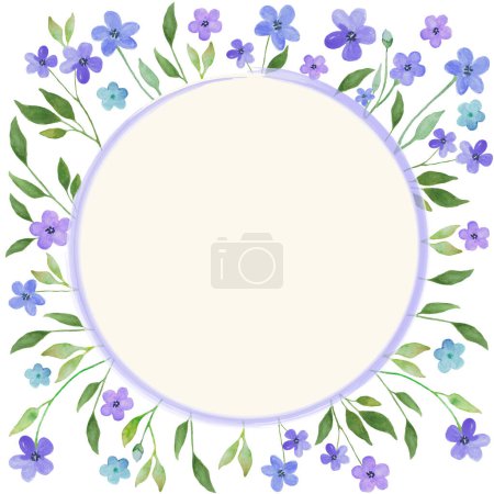 Foto de Watercolor floral frame round with blue painted flowers and leaves. Hand drawn illustration. Design for Women's day, Mother's day, invitation, wedding or greeting cards. - Imagen libre de derechos