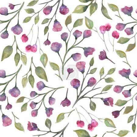 Illustration for Watercolor seamless pattern with abstract purple flowers, branches, leaves and berries. Hand drawn floral illustration on white background. For wrapping, packaging design or print. Vector EPS. - Royalty Free Image